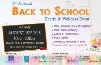 3rd Annual Back to School Health & Wellness Event — Saturday, August 18th, 2018, 10am–1:30pm at Pacific Park & Community Center, 501 S. Pacific Ave, Glendale 91204. Free offerings include: Backpacks & School Supplies (provided to children entering grades K–12), Free Health Screenings, Snacks & Refreshments, Music, Games, and Community Resources & More. Free Jamba Juice for the first 100 kids in line. The banner features a light background with floral doodles, a chalkboard graphic displaying the event date and location, colorful pencils along the bottom edge, and an illustration of two Jamba Juice smoothie cups. Hosted by: Comprehensive Community Health Centers (CCHC) and L.A. Care Health Plan. Event Sponsors: Anthem BlueCross, Blue California, Care1st Health Plan, Dignity Health Glendale Memorial Hospital and Health Center, USC Verdugo Hills Hospital Keck Medicine of USC, Glendale Federal Credit Union, and Glendale Community Services & Parks.