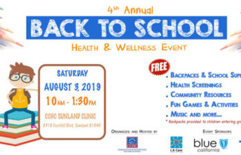 4th Annual Back to School Health & Wellness Event — Saturday, August 3, 2019, 10am–1:30pm at CCHC Sunland Clinic, 8318 Foothill Blvd, Sunland 91040. Free offerings include: Backpacks & School Supplies (provided to children entering grades K–12), Health Screenings, Community Resources, Fun Games & Activities, and Music and More. Organized and hosted by Comprehensive Community Health Centers (CCHC). Event Sponsors: L.A. Care, Blue Shield of California (Blue California), and TPX Communications. The banner features a white background with colorful pencils fanned out in the top corners, an illustrated cartoon boy wearing glasses and a yellow shirt sitting on a stack of books with a backpack, and sponsor logos displayed at the bottom.