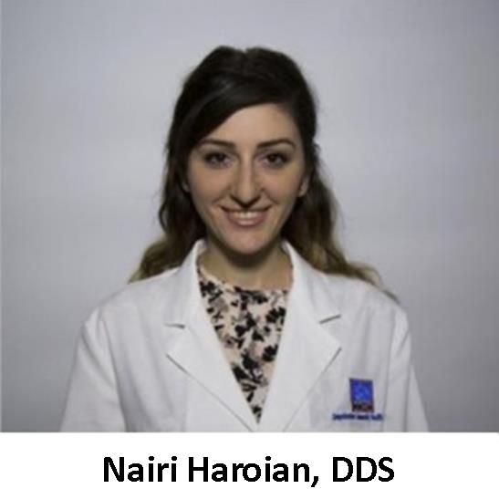 A woman in a white coat with the words nairi harrian, dds.
