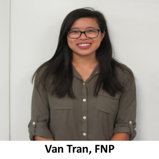 Van tran, fnp, is smiling in front of a white wall.