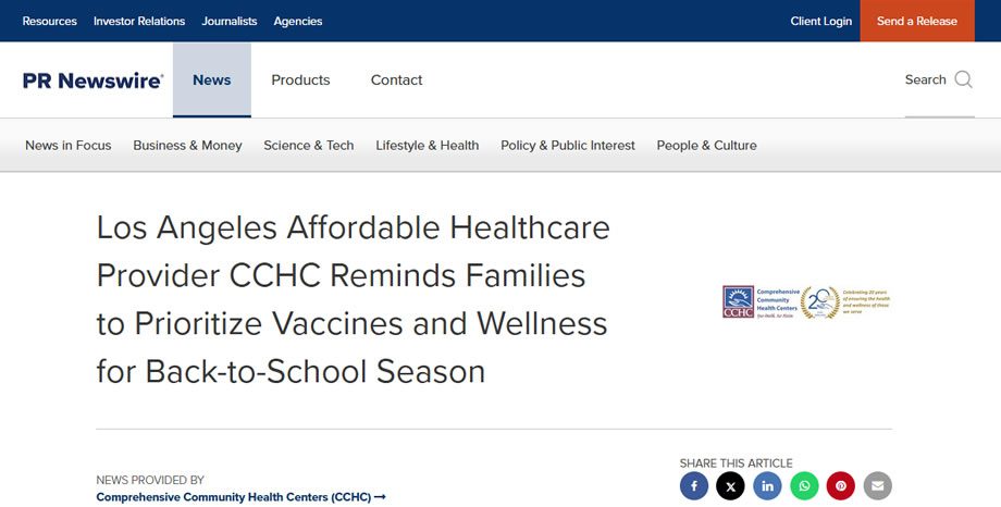 screenshot of article titled "Los Angeles Affordable Healthcare Provider CCHC Reminds Families to Prioritize Vaccines and Wellness for Back-to-School Season"