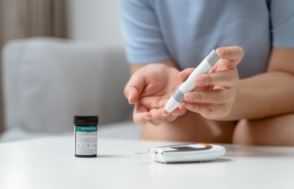 Asian woman using lancet on finger for checking blood sugar level by Glucose meter, Healthcare and Medical, diabetes, glycemia concept