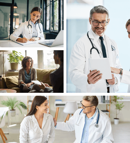 Four scenes showing doctors interacting with patients, including writing notes, using a tablet, having a conversation, and providing reassurance in medical or office settings.