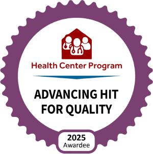 A purple circular badge reads “Health Center Program Advancing HIT for Quality, 2025 Awardee,” with a red icon of people and medical symbols at the top.