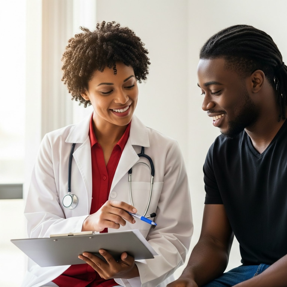 Positive healthcare interaction as a smiling female doctor in a lab coat reviews a medical chart on a clipboard with her attentive male patient in a sunlit clinic.