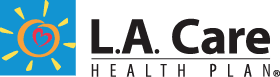 L.A. Care Health Plan logo featuring a sun with a red heart inside on a blue background, next to the text "L.A. Care Health Plan.