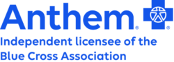 Anthem logo with Blue Cross symbol and text: "Independent licensee of the Blue Cross Association" in blue font on a white background.