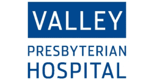 Logo for Valley Presbyterian Hospital with the words "Valley Presbyterian Hospital" in blue and white text.