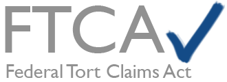 Gray text reads "FTCA" above "Federal Tort Claims Act," with a large blue check mark overlapping the "A.