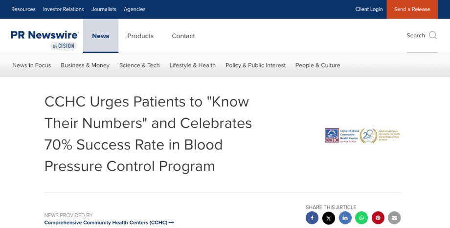 screenshot of an article titled CCHC Urges Patients to Know Their Numbers and Celebrates 70% Success Rate in Blood Pressure Control Program