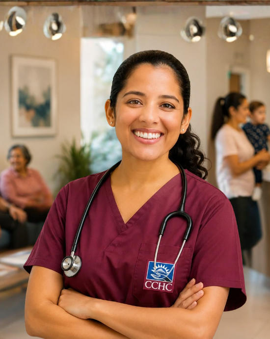 Woman in maroon scrubs with stethoscope stands smiling in a clinic; CCHC logo visible on uniform. Other people are present in the background.