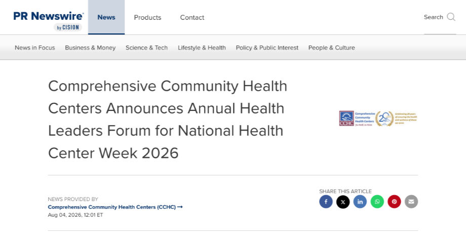 Screenshot of the article titled: Comprehensive Community Health Centers Announces Annual Health Leaders Forum for National Health Center Week 2026